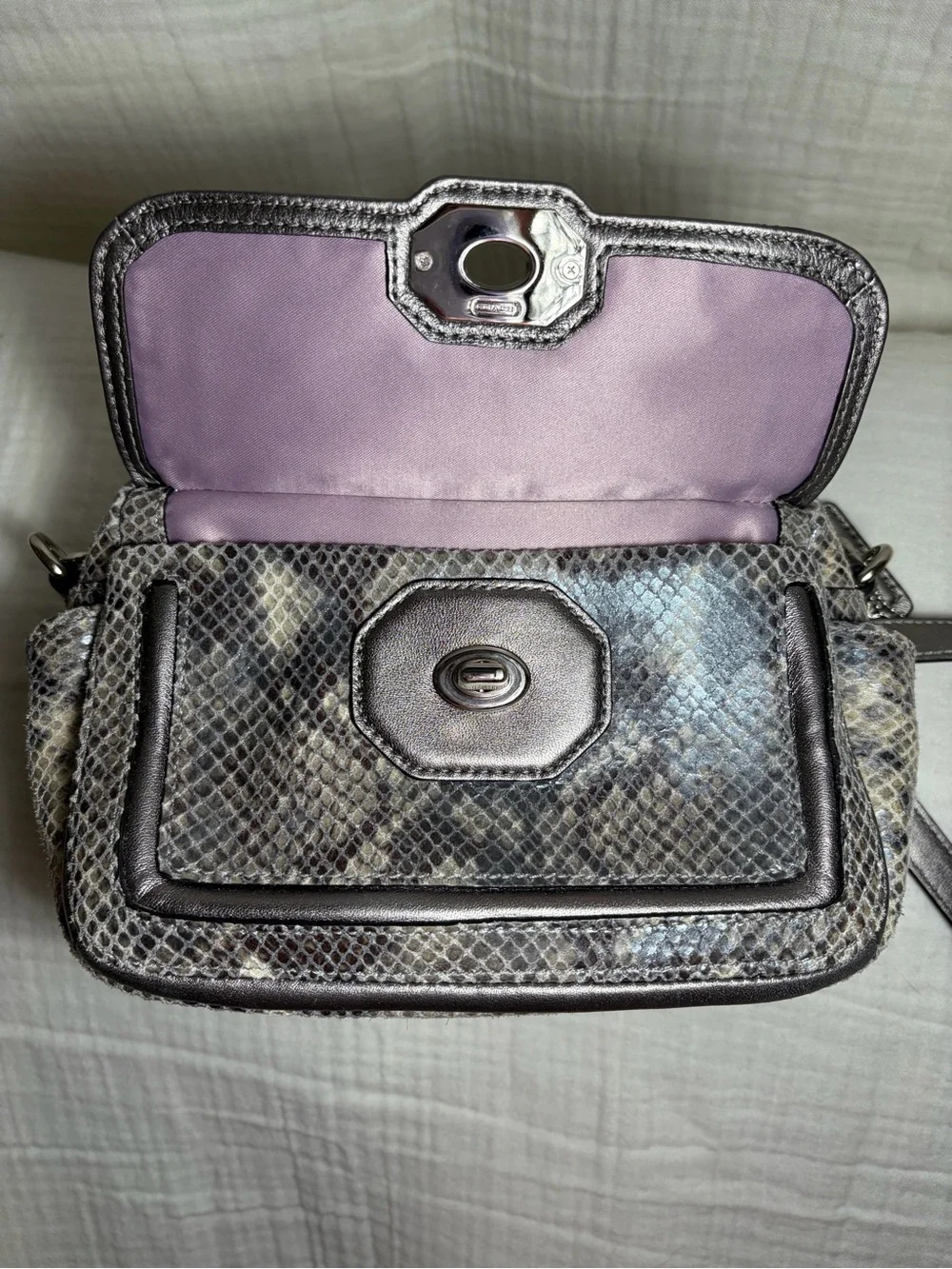 Coach Campbell Crossbody Bag Gray Snakeskin-Textured Leather